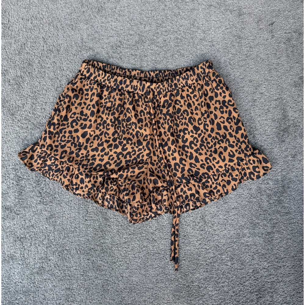Sienna Sky Leopard Print Ruffle Hem Shorts Brown Black Elastic Waist Medium